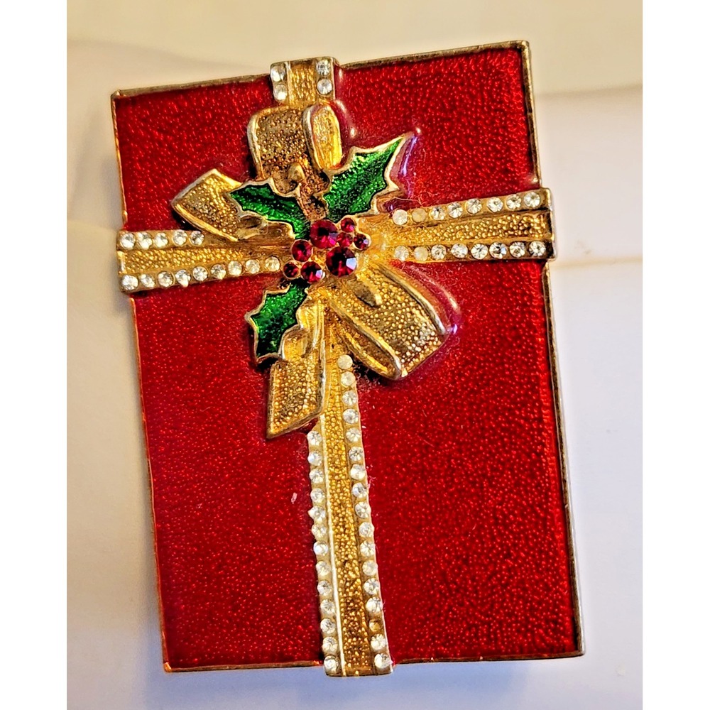 Eisenberg Ice Vintage 70's Christmas Package Brooch/Pin in Red, Gold & Green